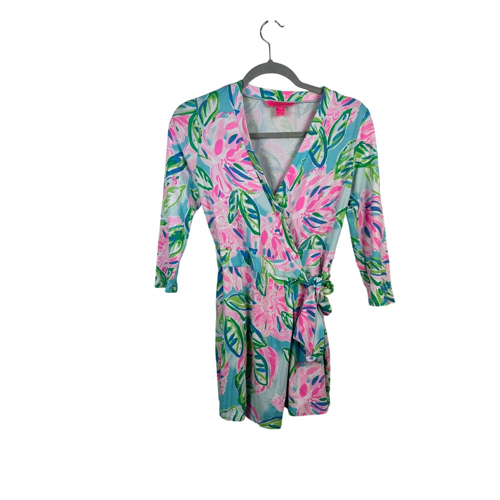 Lilly Pulitzer Romper Womens XS Blue Pink Floral Very Good Wrap Tie 3/4 Sleeve